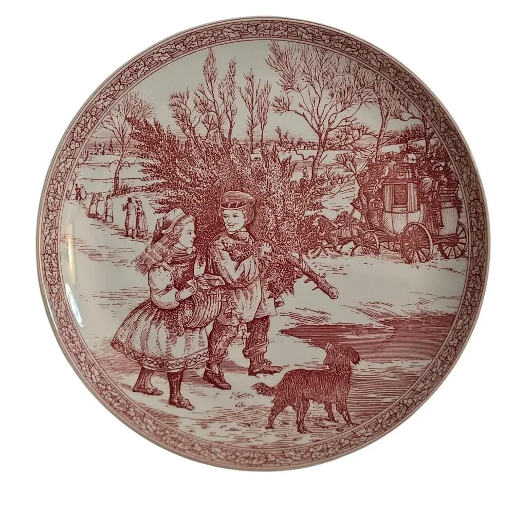 Spode Red White Victorian Christmas Plate #1 Gathering the Tree 8.25